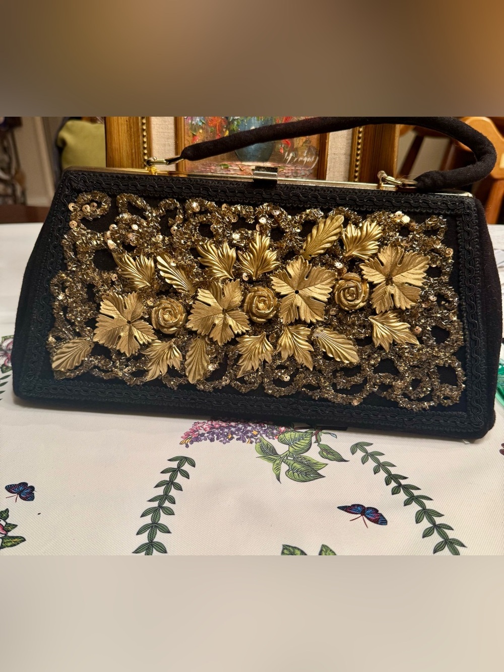 Black Clutch with Gold Floral Embellishment